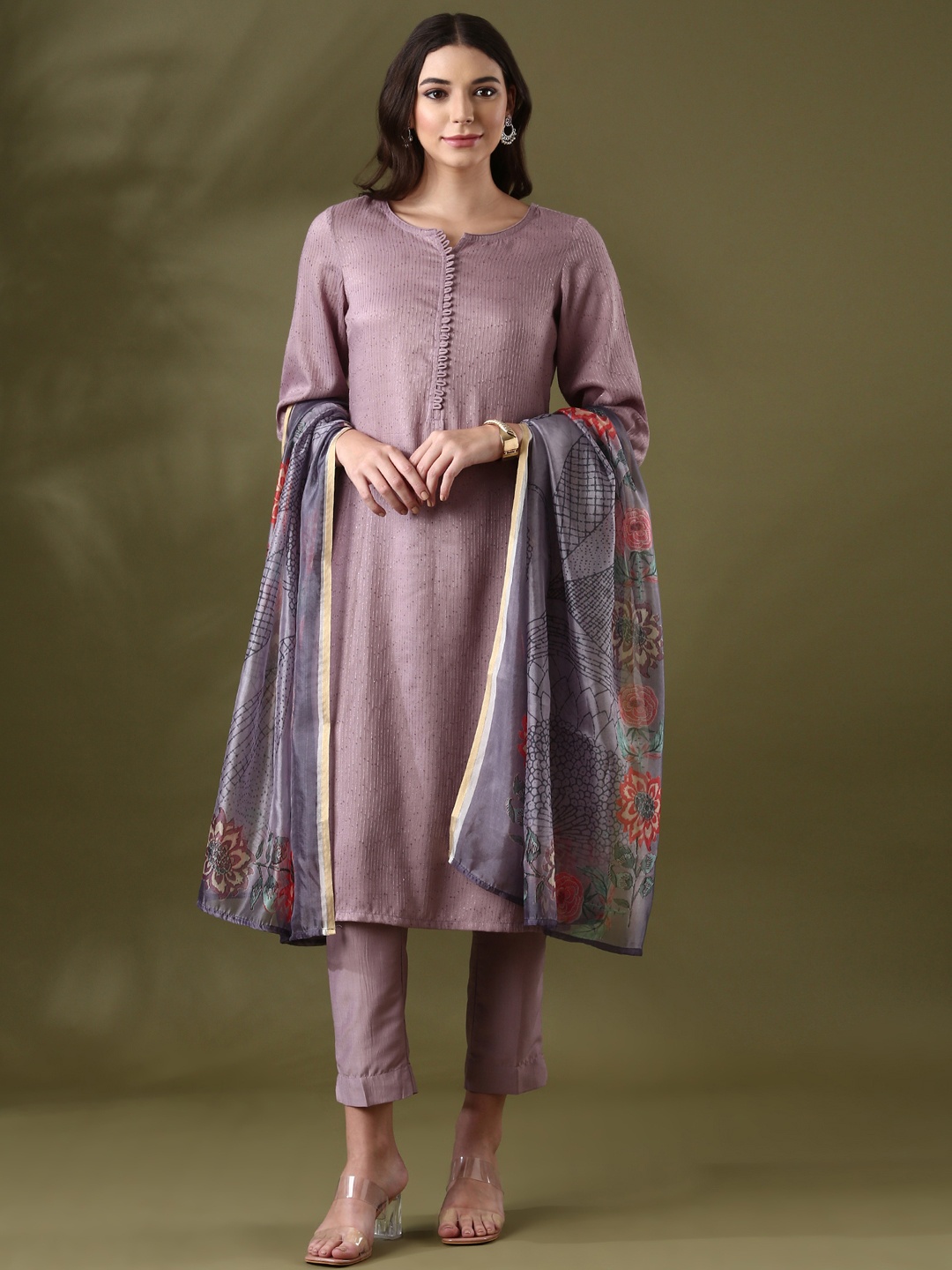 

Anouk Purple Striped Embroidered Sequinned Straight Kurta With Trousers & Dupatta