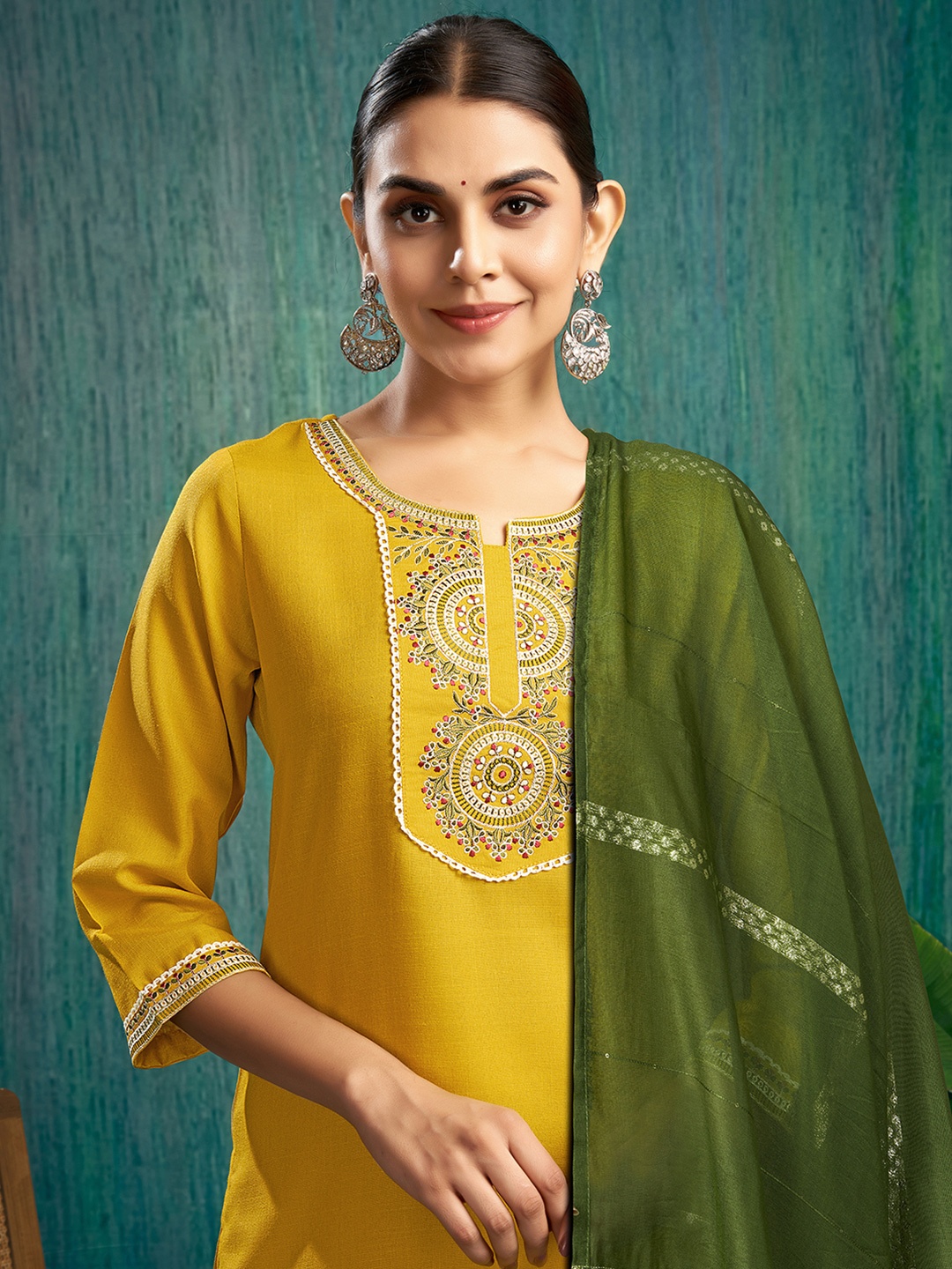 

SKYLEE Mustard Yellow Embroidered Yoke Design Thread Work Kurta With Trousers & Dupatta