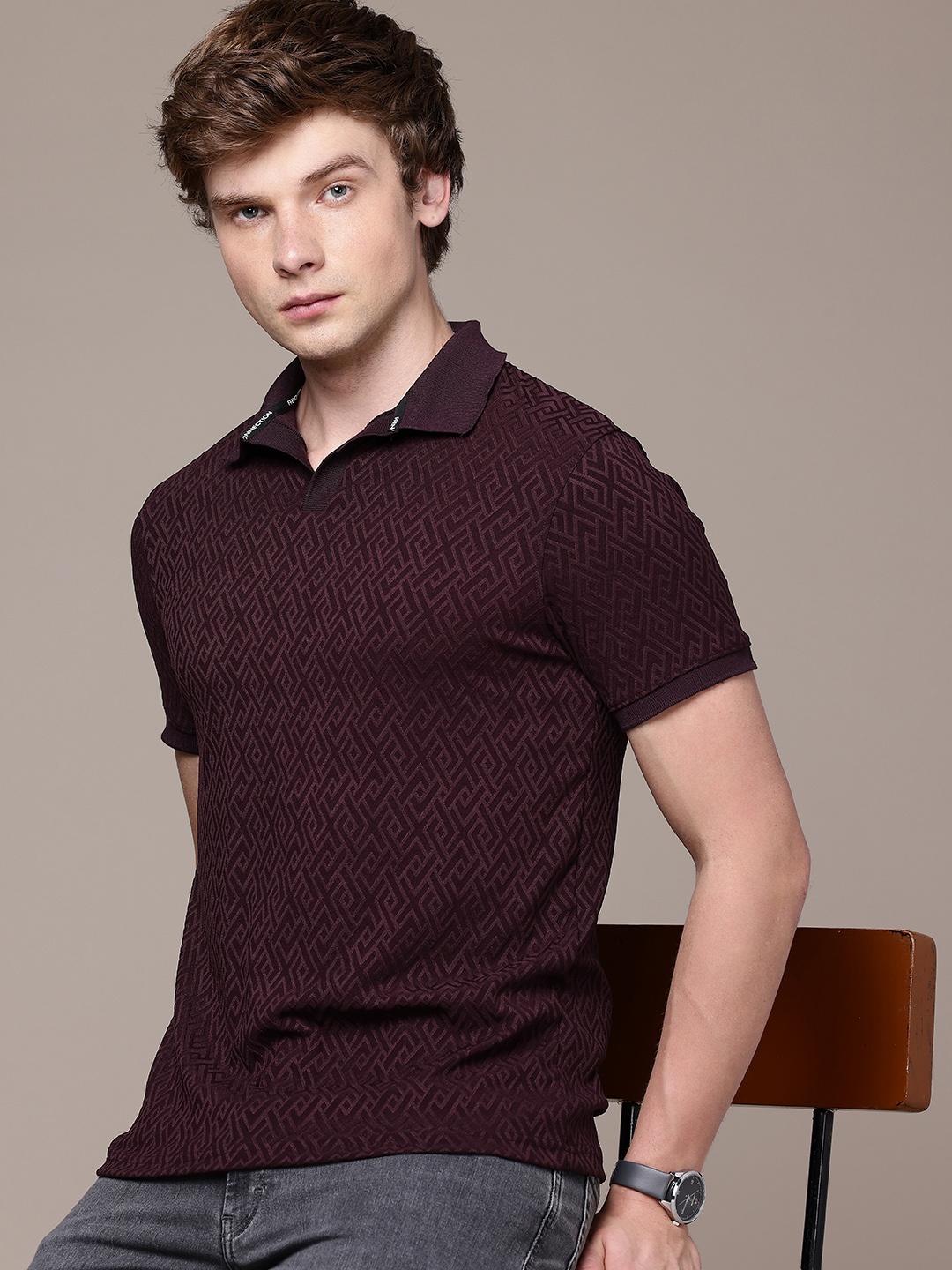 

French Connection Men Polo Collar Antimicrobial T-shirt, Maroon