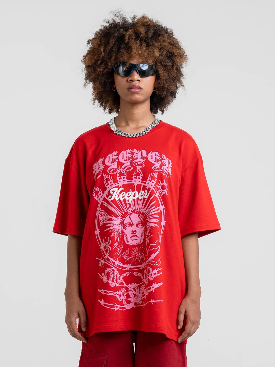

Bad and Boujee Unisex Printed Drop-Shoulder Sleeves Oversized T-shirt, Red