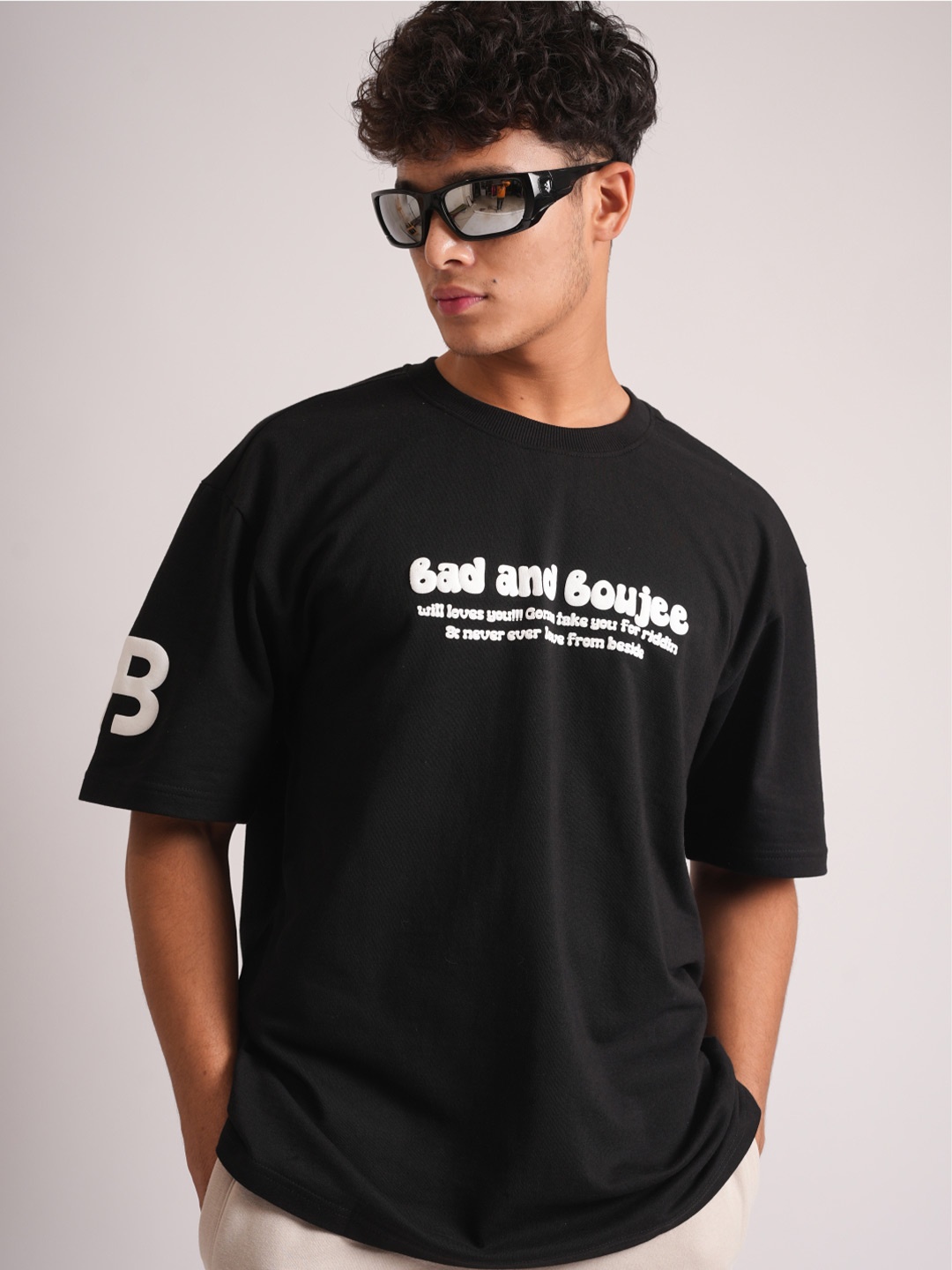 

Bad and Boujee Unisex Printed Drop-Shoulder Sleeves Oversized T-shirt, Black