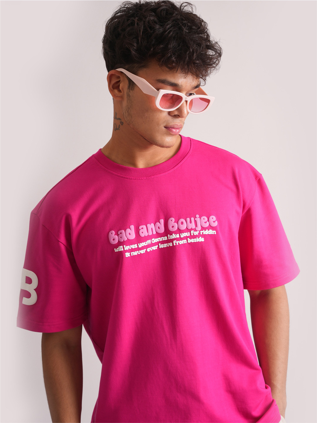 

Bad and Boujee Unisex Oversized Back Printed Drop-Shoulder Sleeves Longline T-shirt, Pink