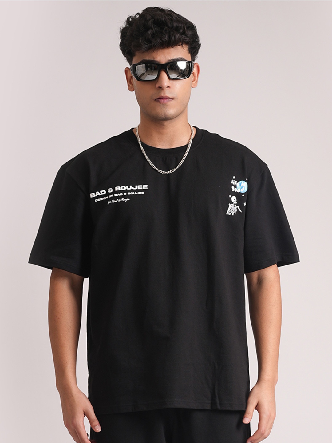 

Bad and Boujee Unisex Printed Drop-Shoulder Sleeves Oversized Cotton T-shirt, Black