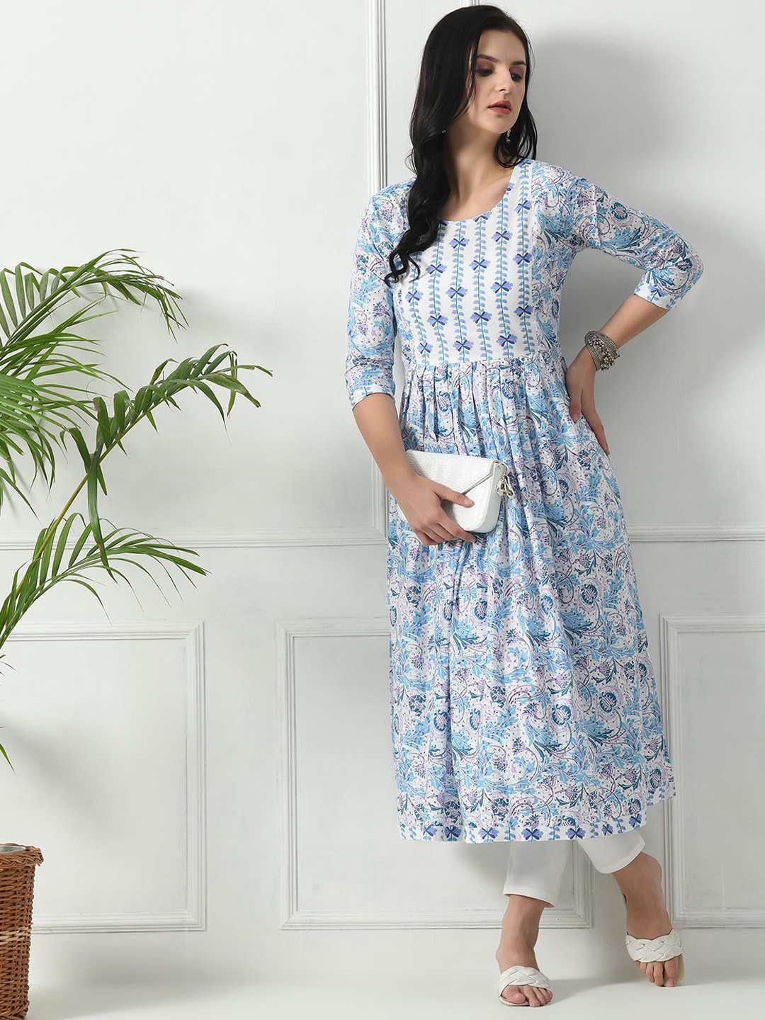 

LYCHNIS Floral Printed Cotton Anarkali Kurta, Blue