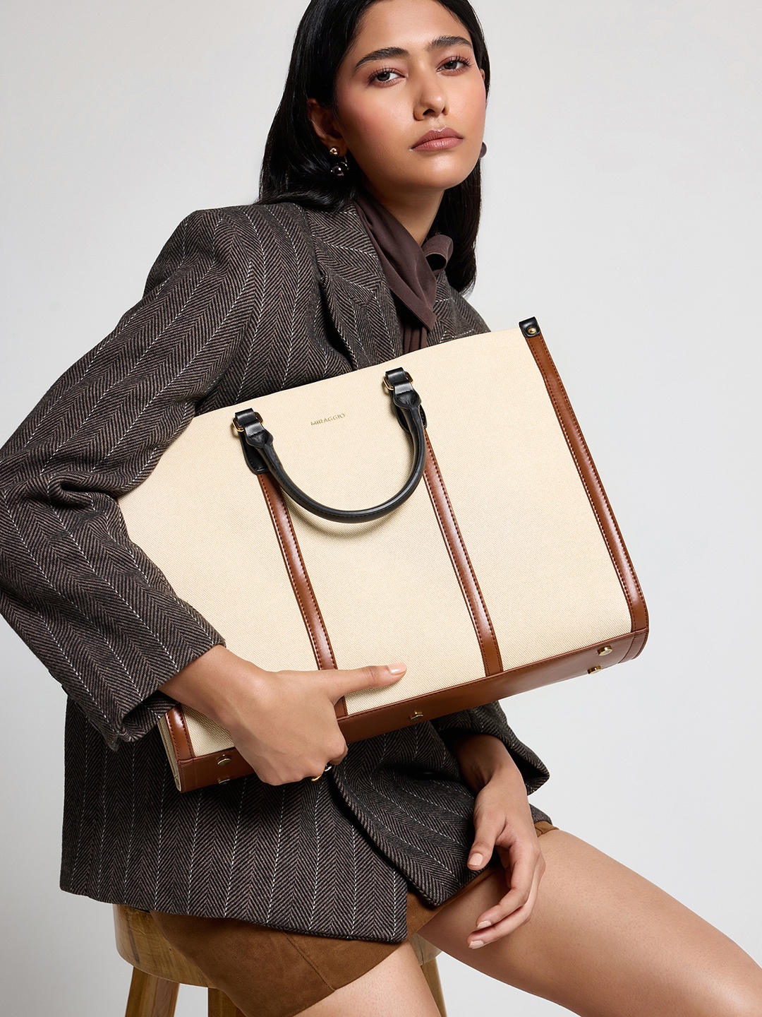 

MIRAGGIO Beverly Ivory Canvas Tote Bag with Shoulder Strap, Beige