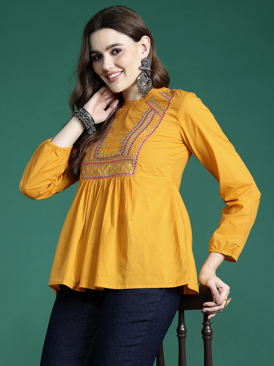 

Sangria Women Embroidered Cotton Top, Yellow