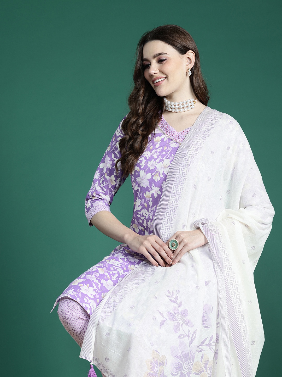 

Sangria Floral Printed Angrakha Thread Work Pure Cotton Kurta with Trousers & With Dupatta, Lavender