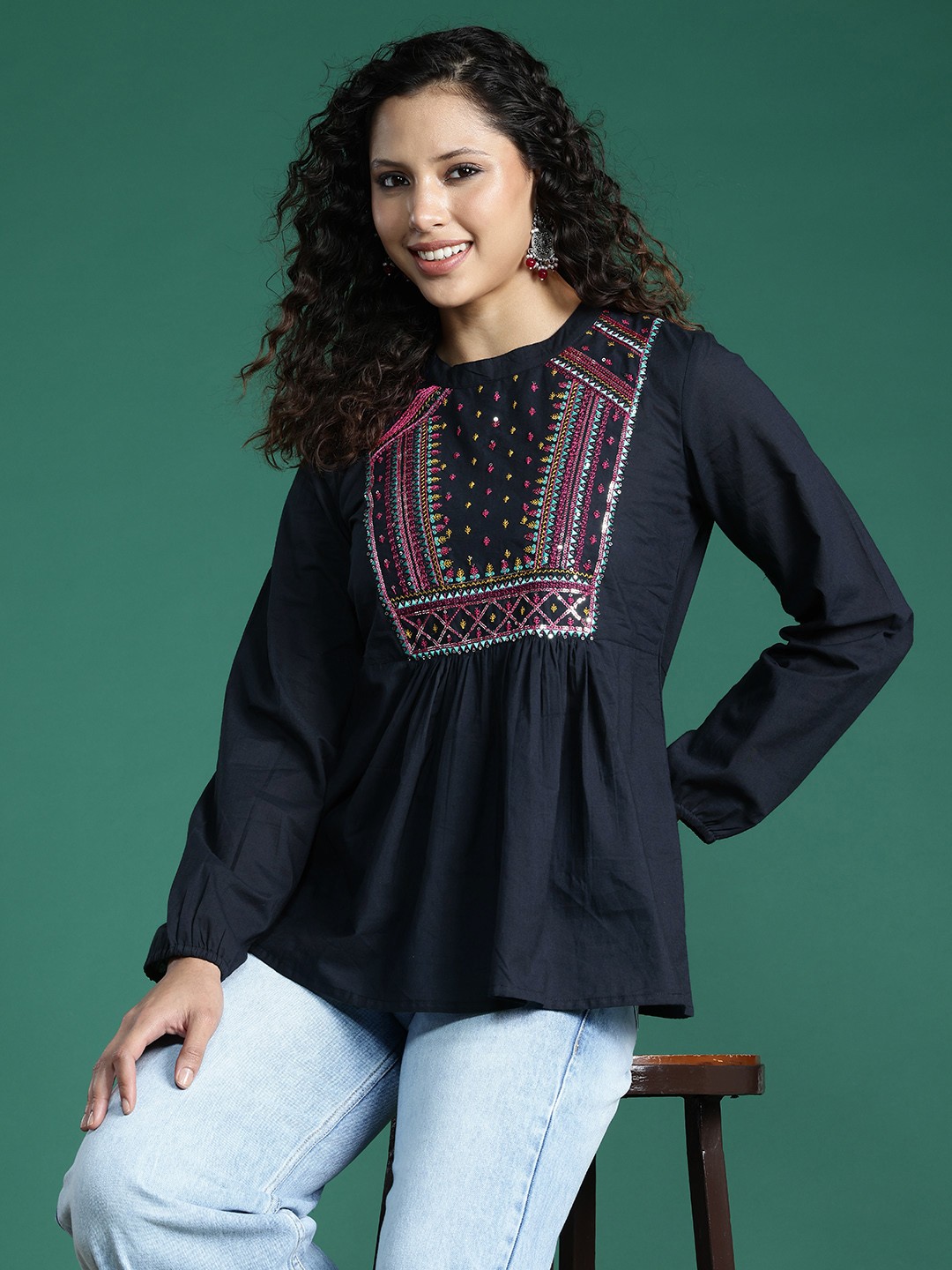 

Sangria Women Embroidered Cotton Top, Navy blue