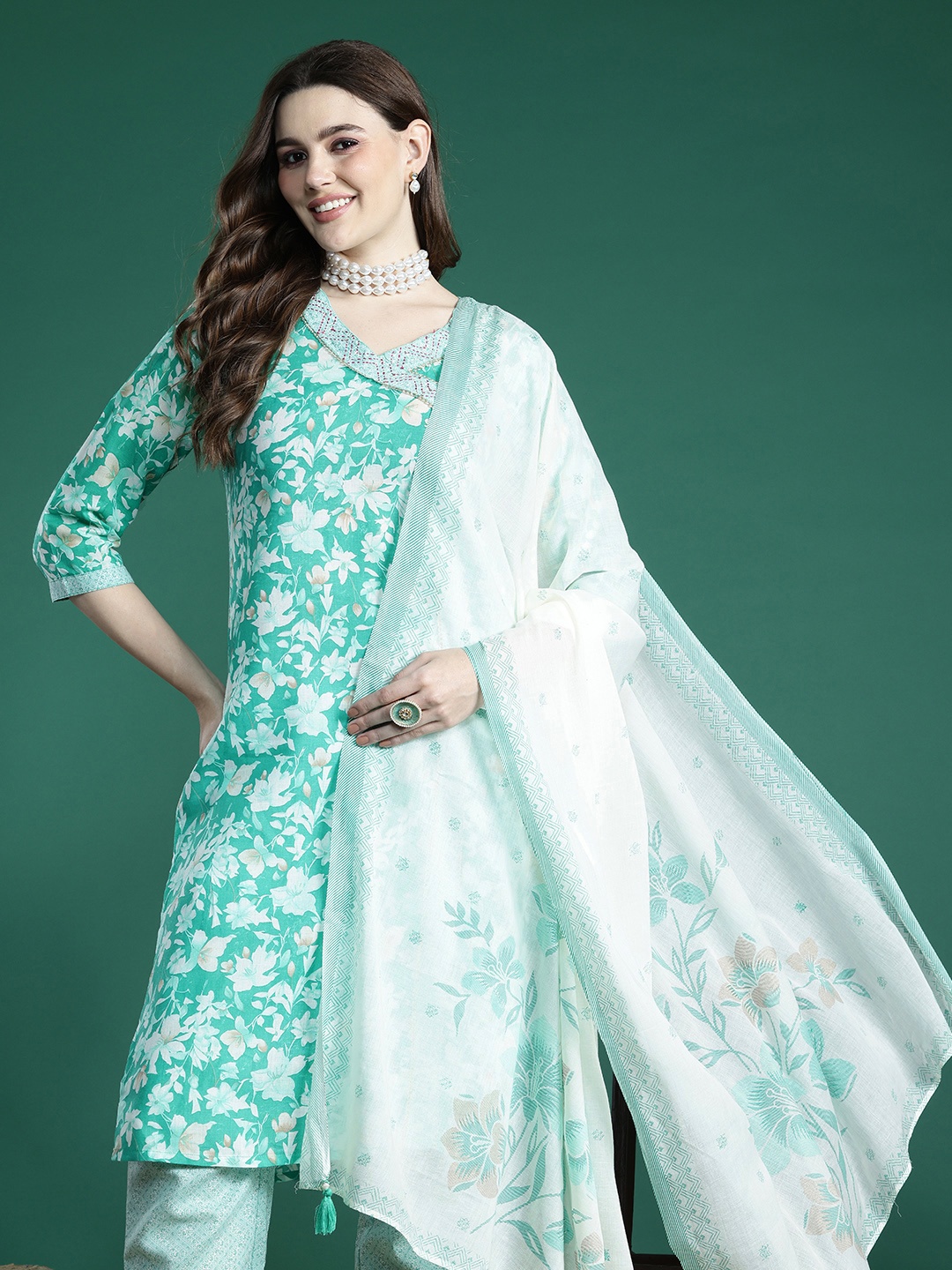 

Sangria Floral Printed Angrakha Thread Work Pure Cotton Kurta with Trousers & With Dupatta, Green