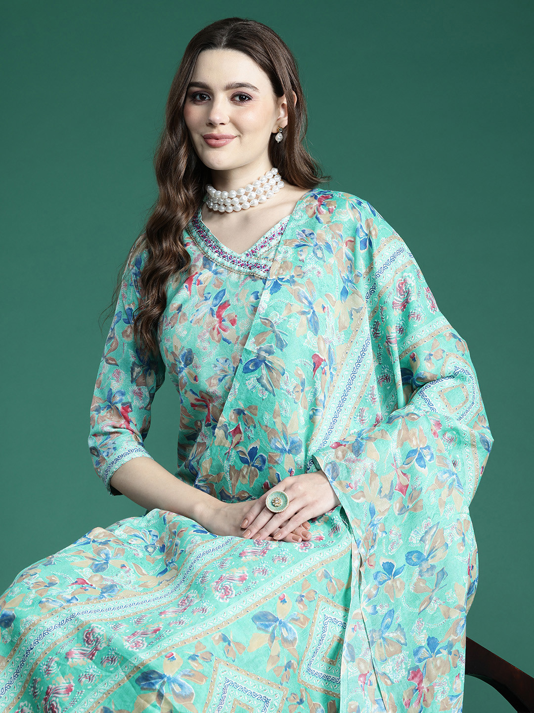 

Sangria Women Floral Printed Angrakha Sequinned Pure Cotton Kurta with Trousers & With Dupatta, Sea green
