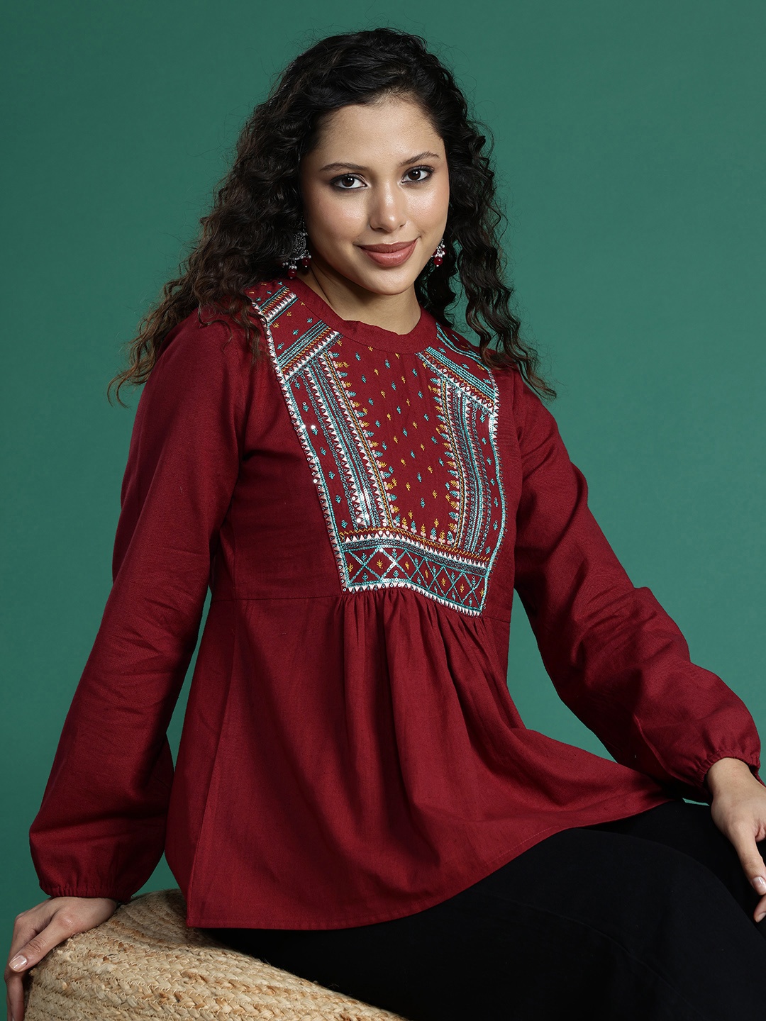 

Sangria Embroidered Cotton Top, Maroon