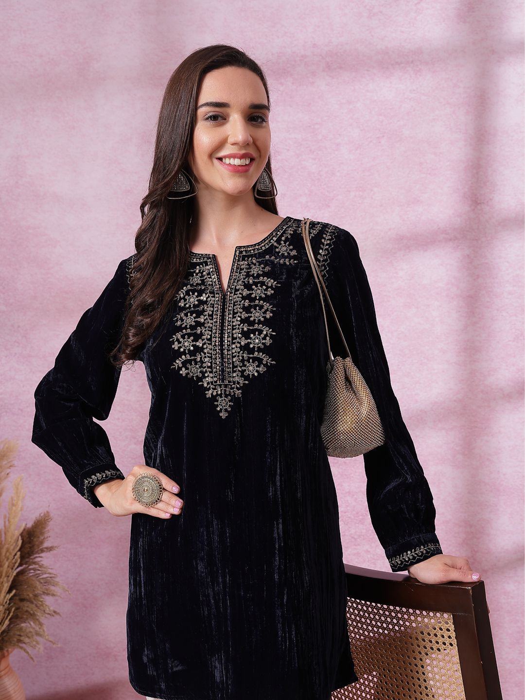 

Nayam By Lakshita Women Yoke Embroidered A-Line Tunic, Navy blue