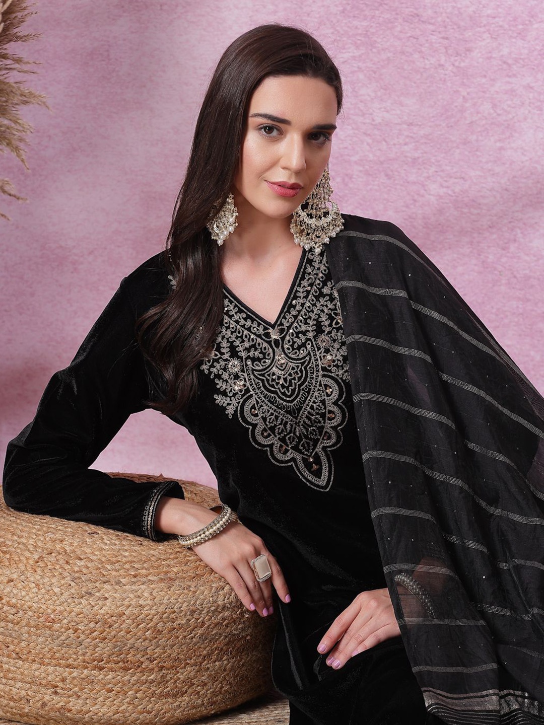 

Nayam By Lakshita Floral Yoke Design Sequinned Velvet Kurta with Trouser & Dupatta, Black