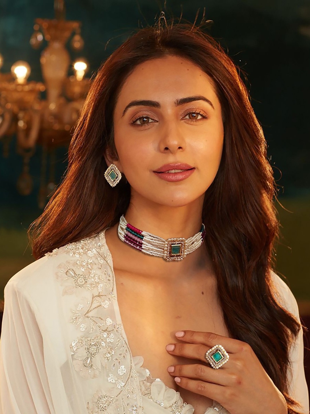 

AccessHer Stone Studded & Beaded Necklace and Earrings With Maang Tika, White