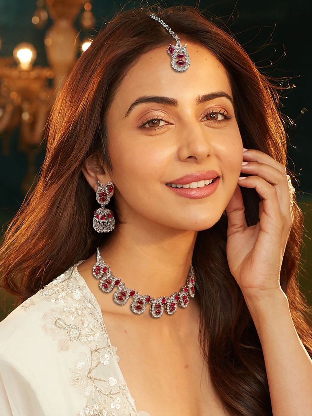 

AccessHer American Diamond Studded Jewellery Set, Silver