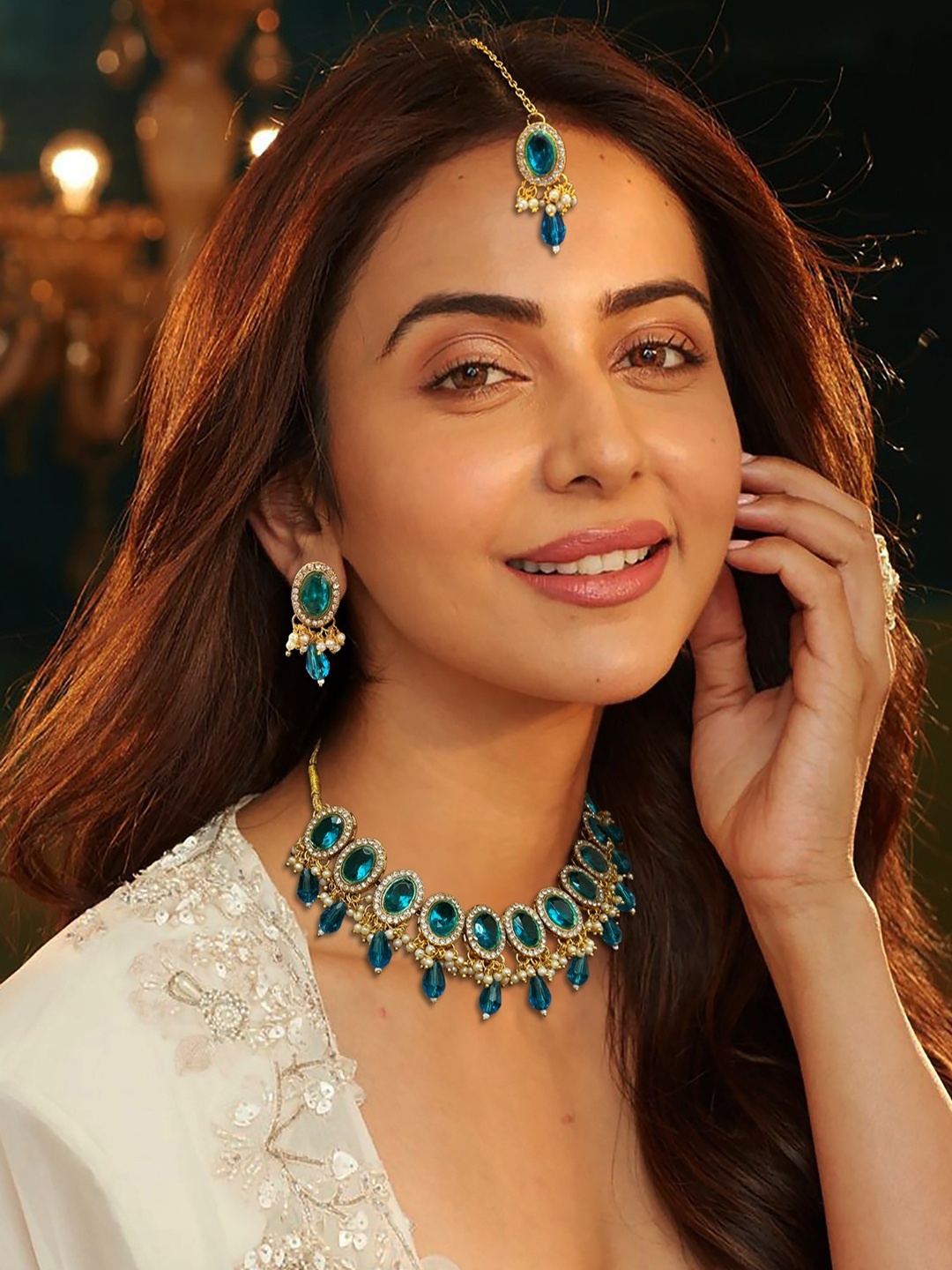 

AccessHer Gold-Plated AD Stone Studded Necklace and Earrings With Maang Tika
