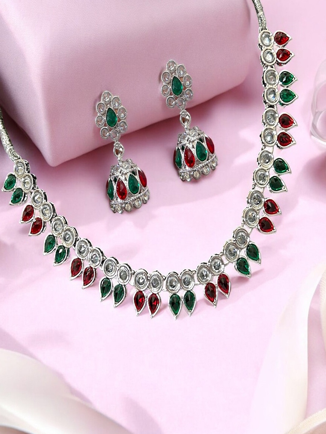 

AccessHer Silver-Plated Artificial Stones & Beads Studded Jewellery Set, Green