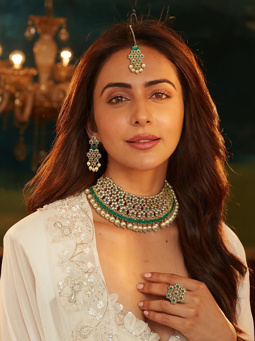 

AccessHer Gold-Plated Artificial Stones & Beads Studded Jewellery Set, Green