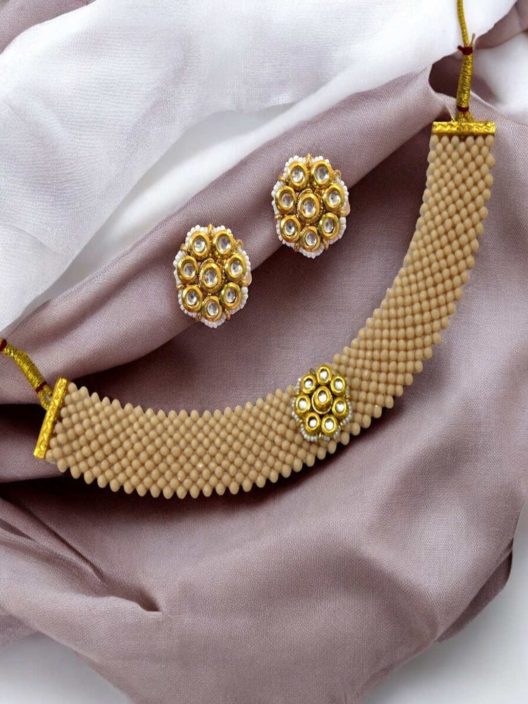 

AccessHer Gold-Plated Artificial Stones & Beads Studded Jewellery Set, Cream