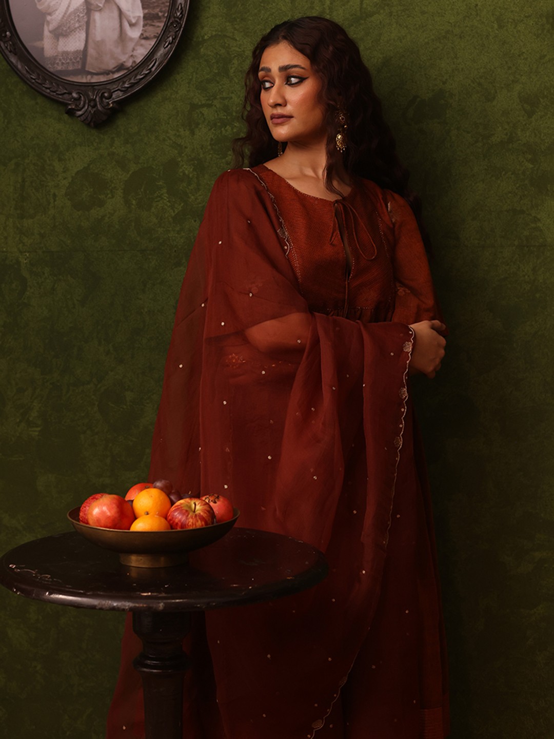 

Bhomra Floral Embroidered Beads and Stones Organza Dupatta, Rust