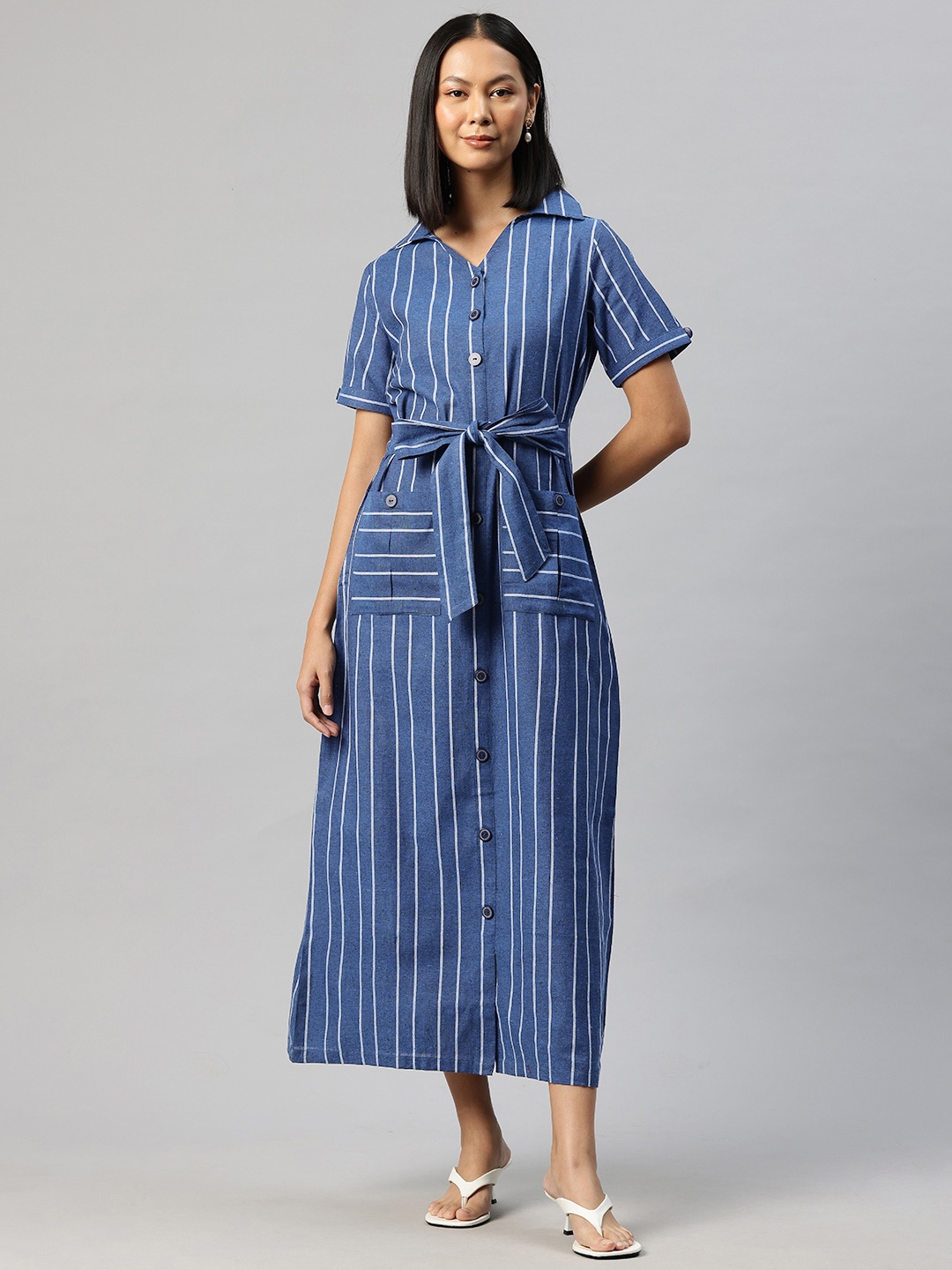 

Cottinfab Striped Shirt Midi Dress with Tie-Ups Detail, Blue