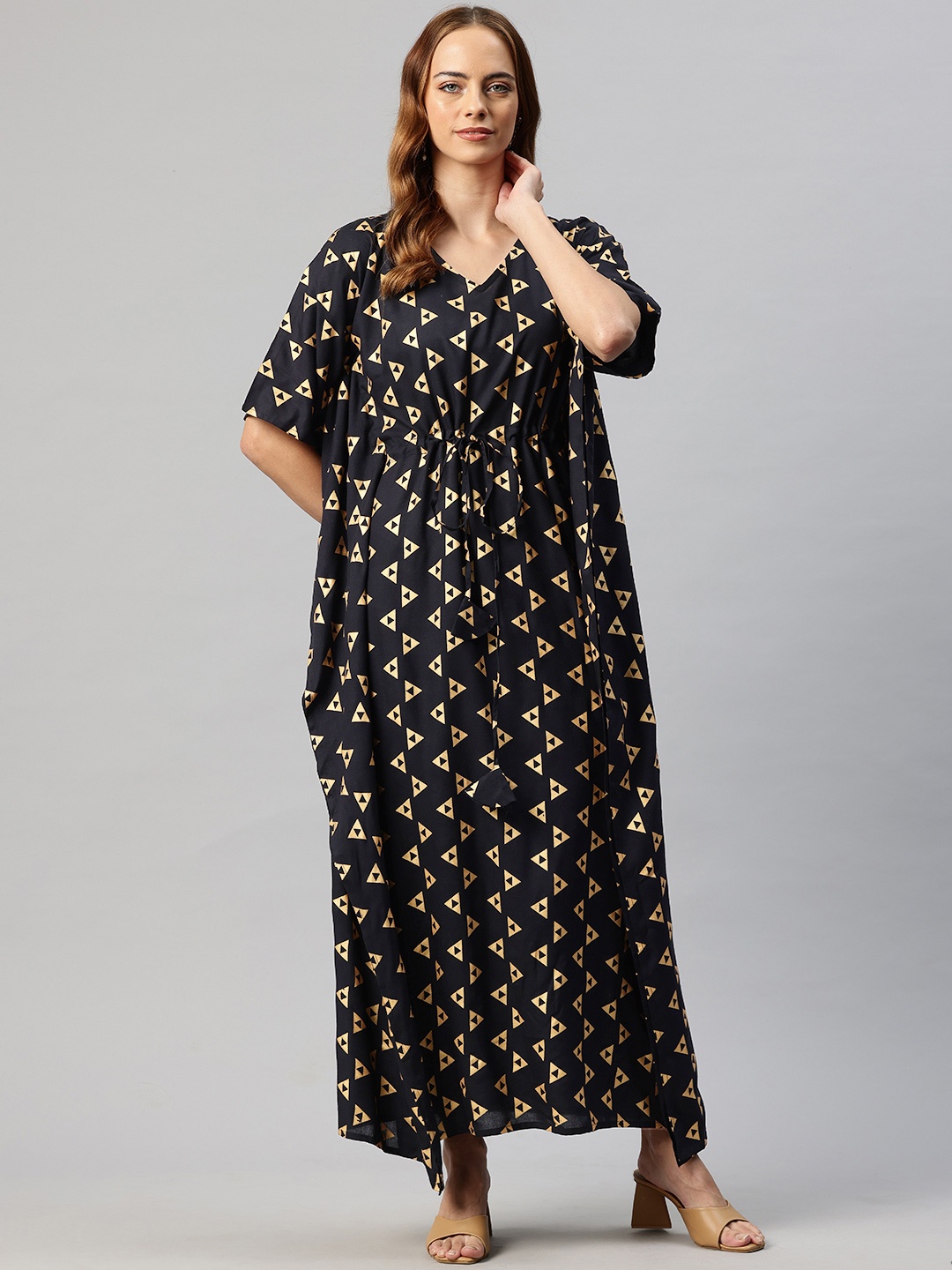 

Cottinfab Print Kaftan Maxi Dress with Tie-Ups Detail, Black