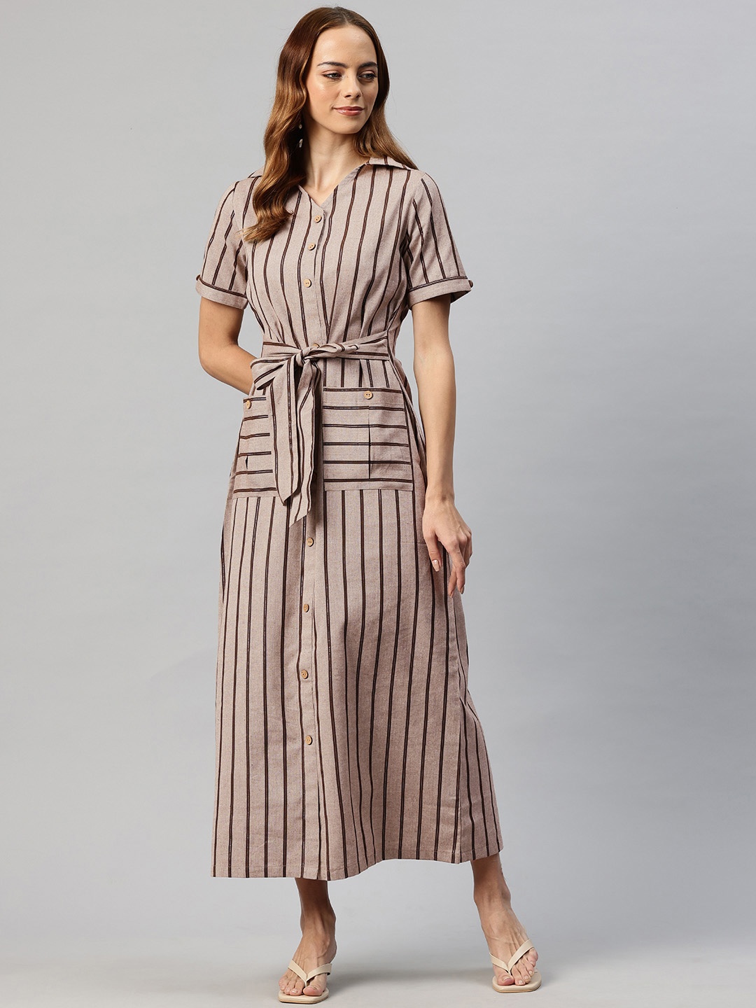 

Cottinfab Striped Shirt Maxi Dress with Tie-Ups Detail, Coffee brown