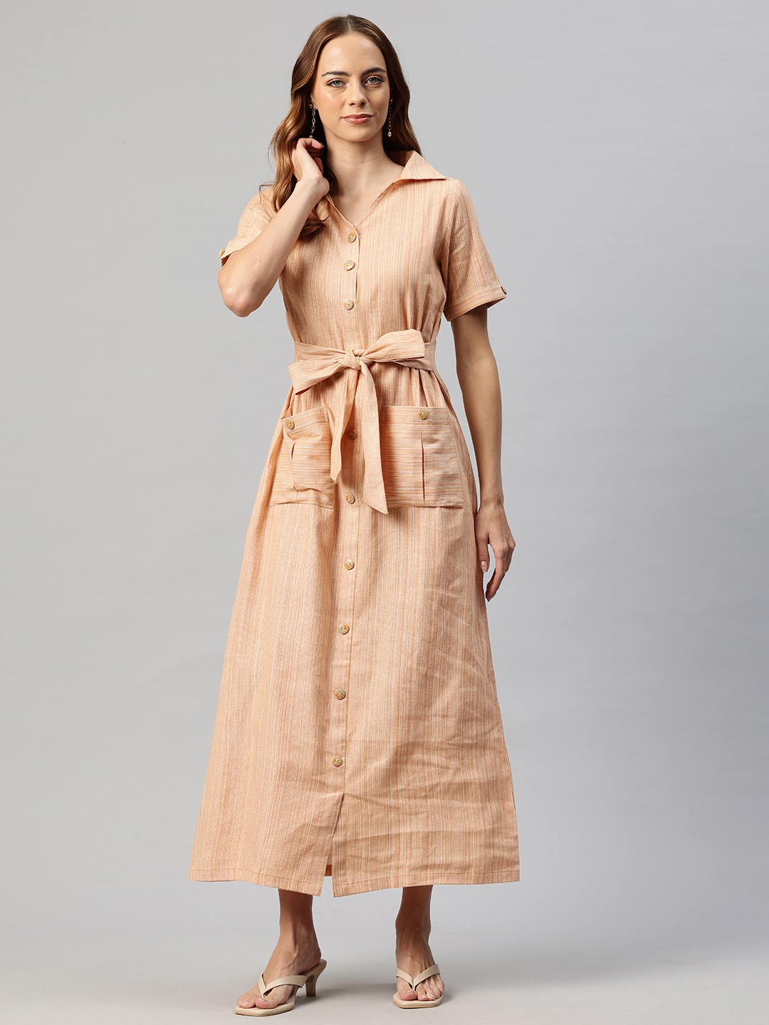

Cottinfab Striped Shirt Maxi Dress with Tie-Ups Detail, Peach