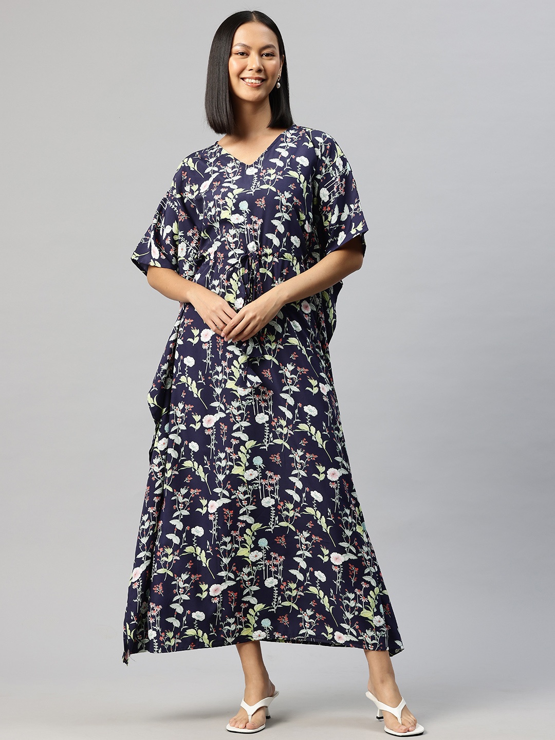 

Cottinfab Floral Print Kimono Sleeve Crepe Kaftan Maxi Dress with Tie-Ups Detail, Navy blue