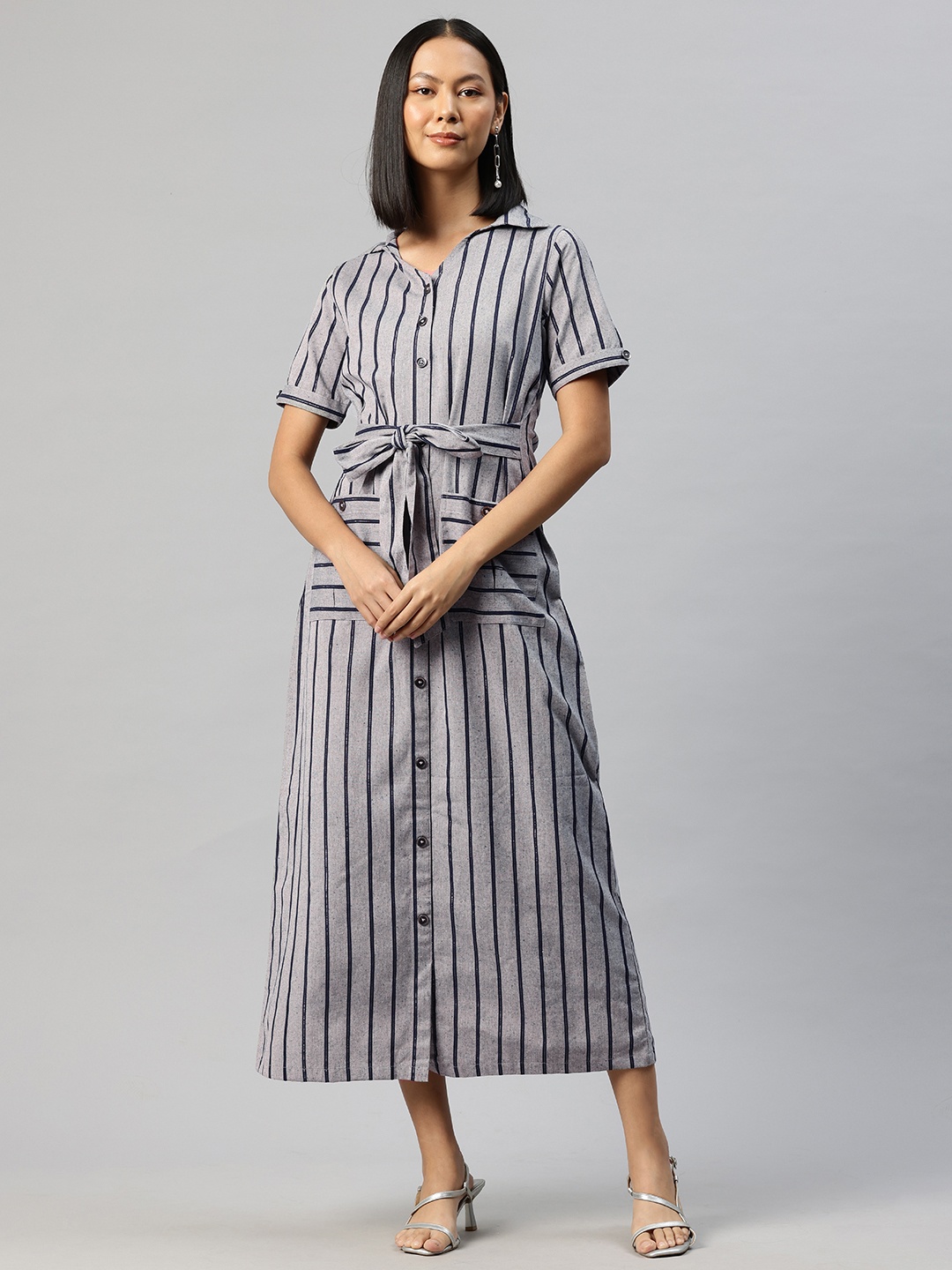 

Cottinfab Striped Shirt Midi Dress with Tie-Ups Detail, Grey