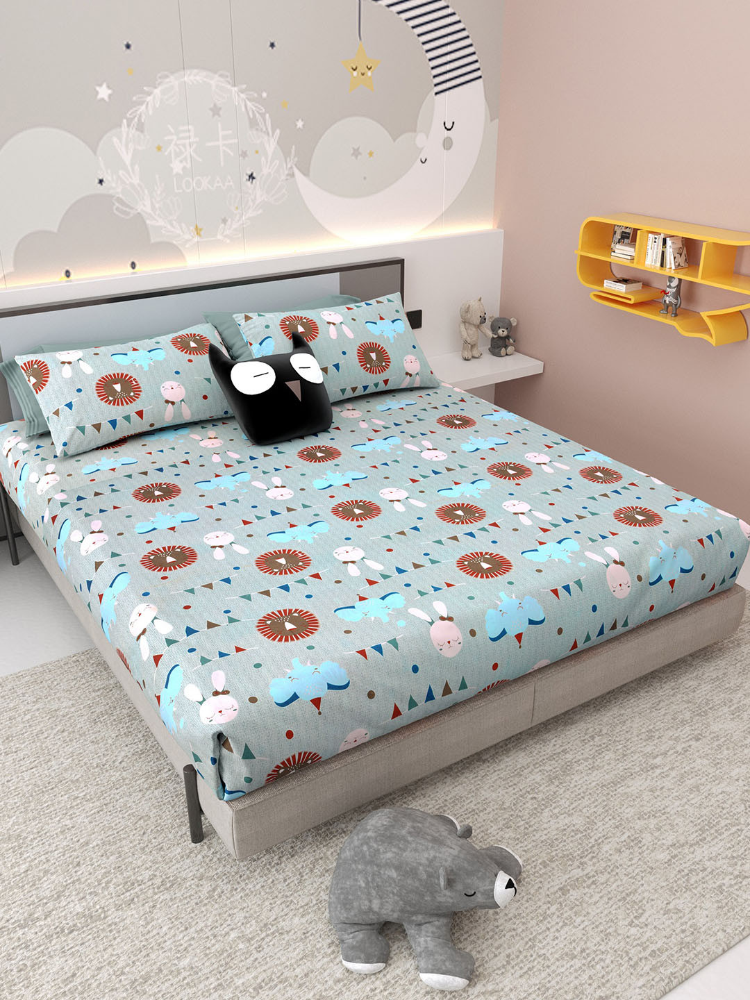 

Jinaya's Blue Cartoons Printed Pure Cotton 300 TC King Bedsheet Set 2.74 m x 2.54 m