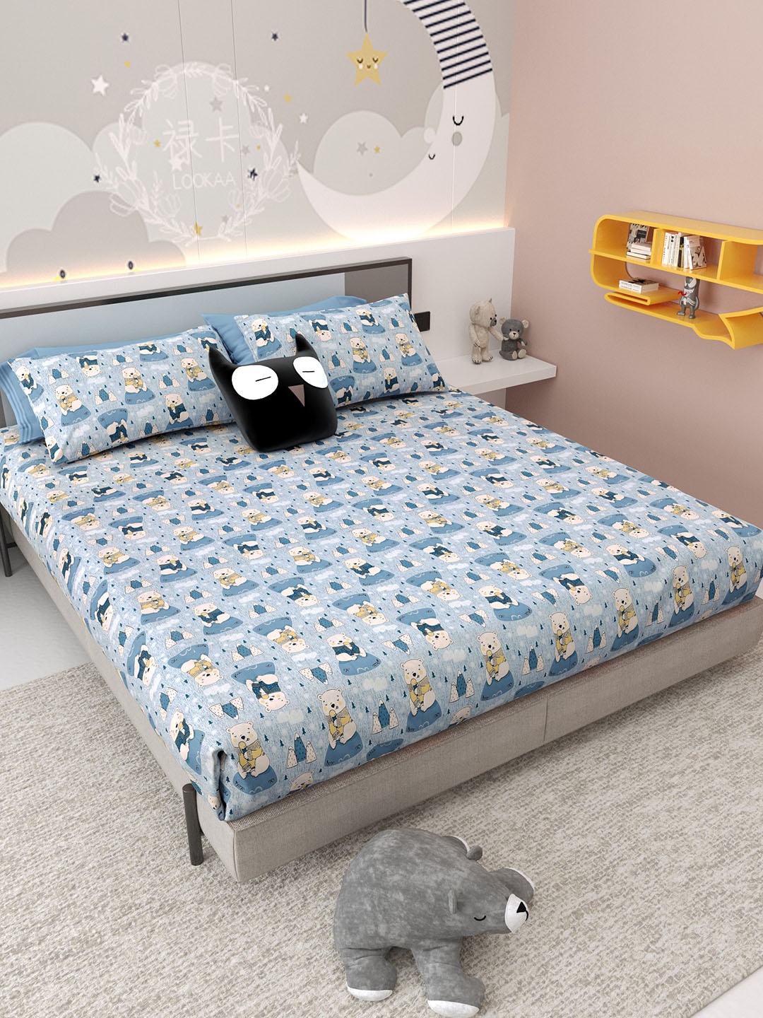 

Jinaya's Blue Teddy Printed Pure Cotton 300 TC King Bedsheet Set 2.74 m x 2.54 m
