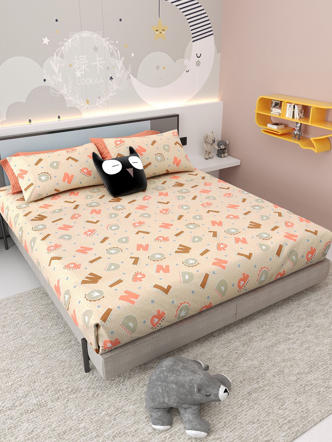 

Jinaya's Orange Colored Printed Pure Cotton 300 TC King Bedsheet Set 2.74 m x 2.54 m