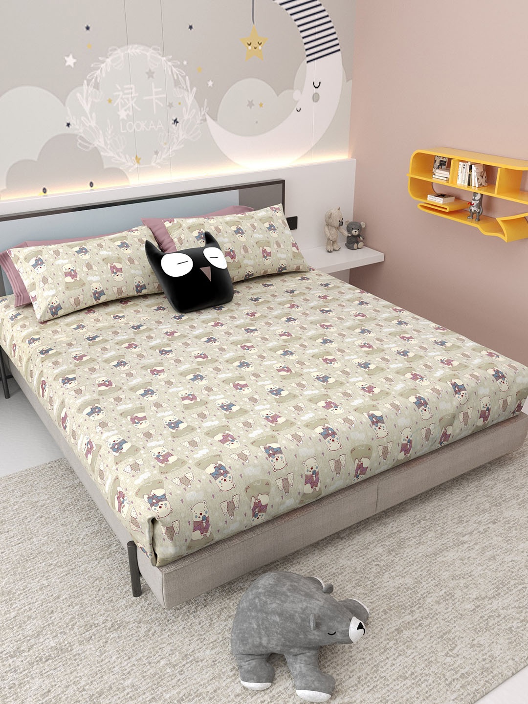 

Jinaya's Beige Teddy Printed Pure Cotton 300 TC King Bedsheet Set 2.74 m x 2.54 m