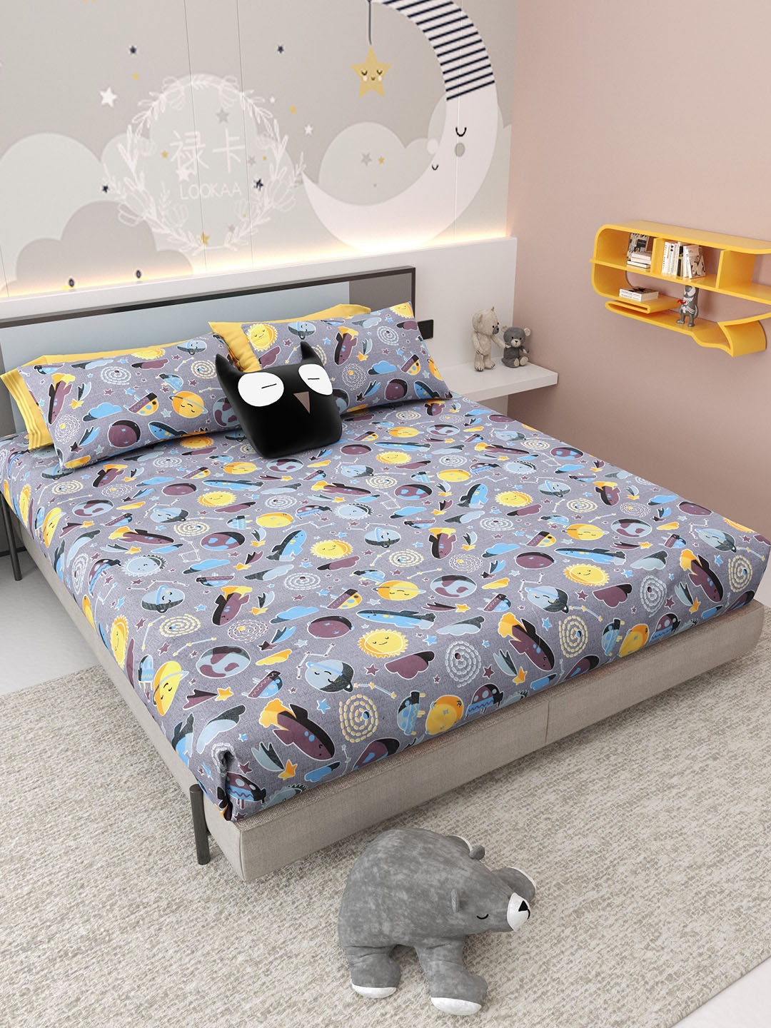 

Jinaya's Blue Galaxy Printed Pure Cotton 300 TC King Bedsheet Set 2.74 m x 2.54 m