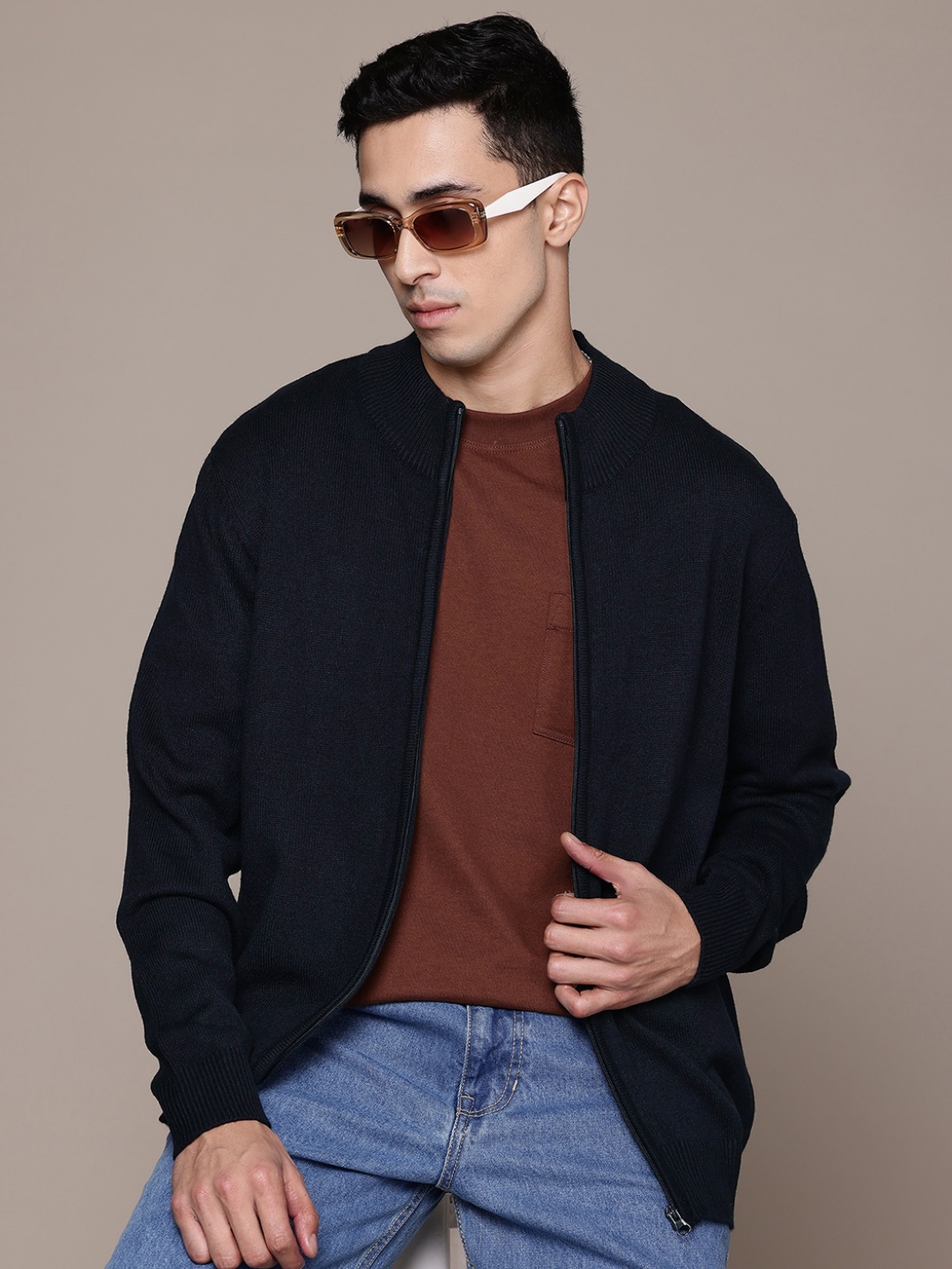 

The Roadster Life Co. Mock Collar Front Open Sweater, Navy blue