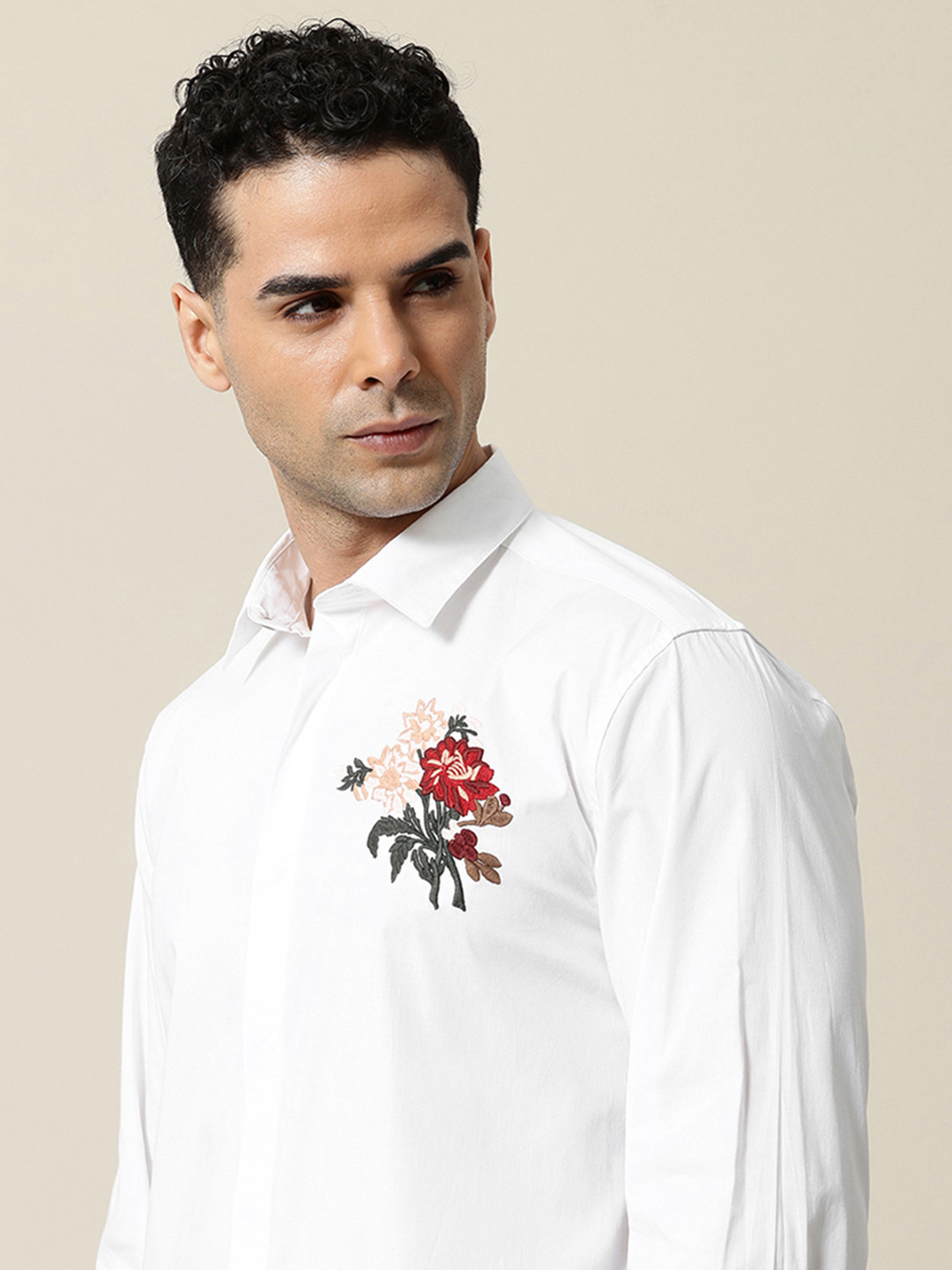 

Mr Bowerbird Standard Casual Shirt With Floral Embroidered Detail, White