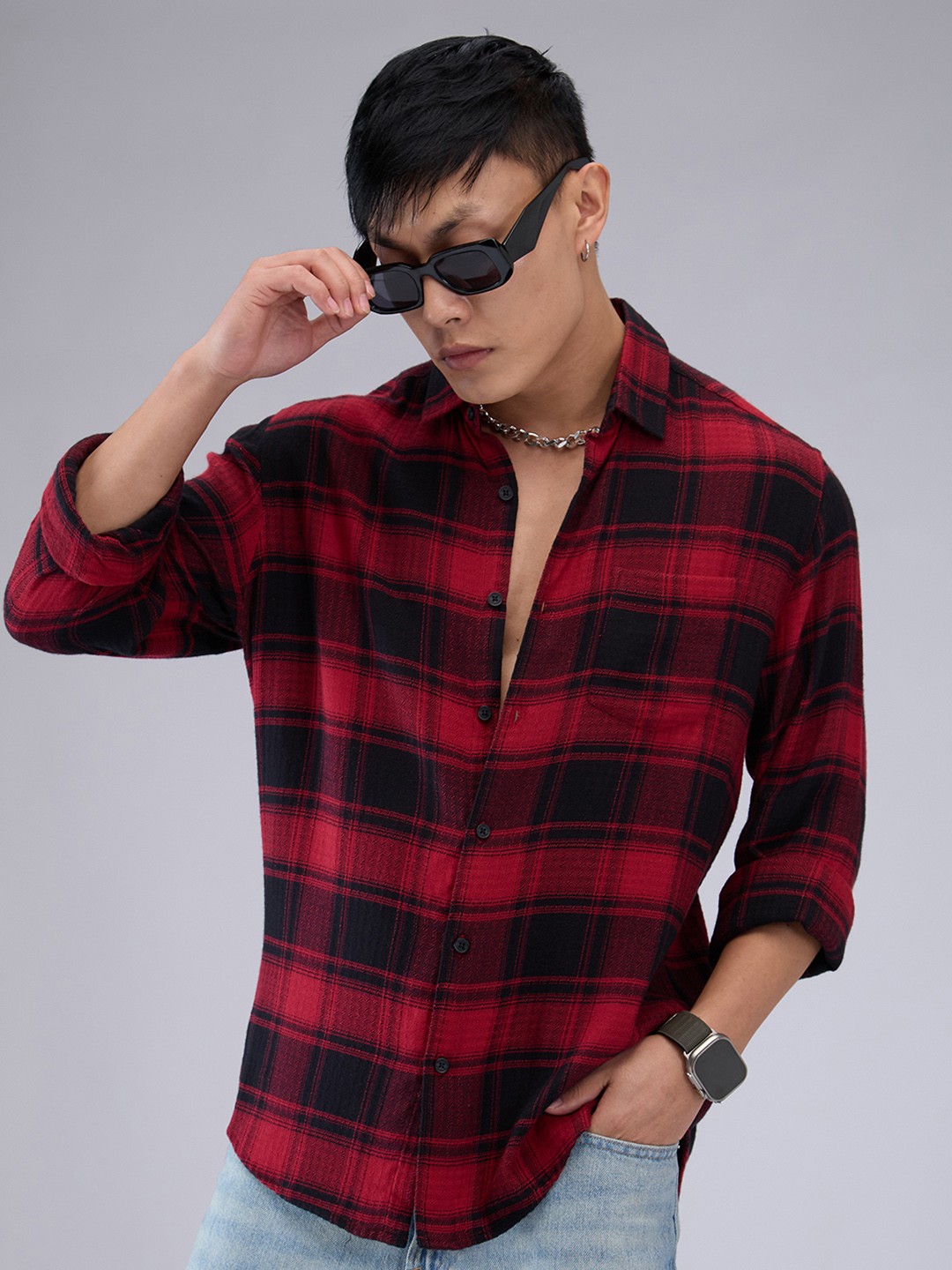 

VASTRADO Men Classic Slim Fit Checked Cotton Casual Shirt, Red