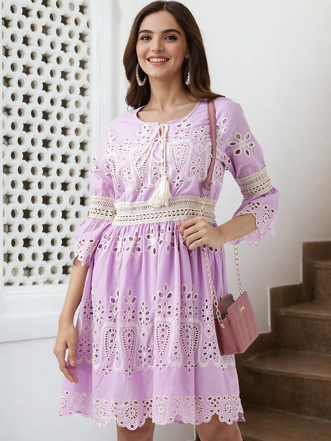 

Ishin Pure Cotton Tie-Up Neck Schiffli A-line dress, Purple