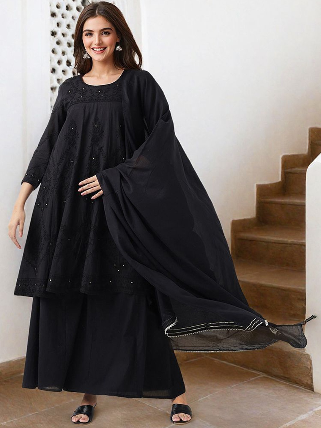 

Ishin Ethnic Motifs Embroidered Pure Cotton A-Line Kurta With Palazzo & Dupatta, Black