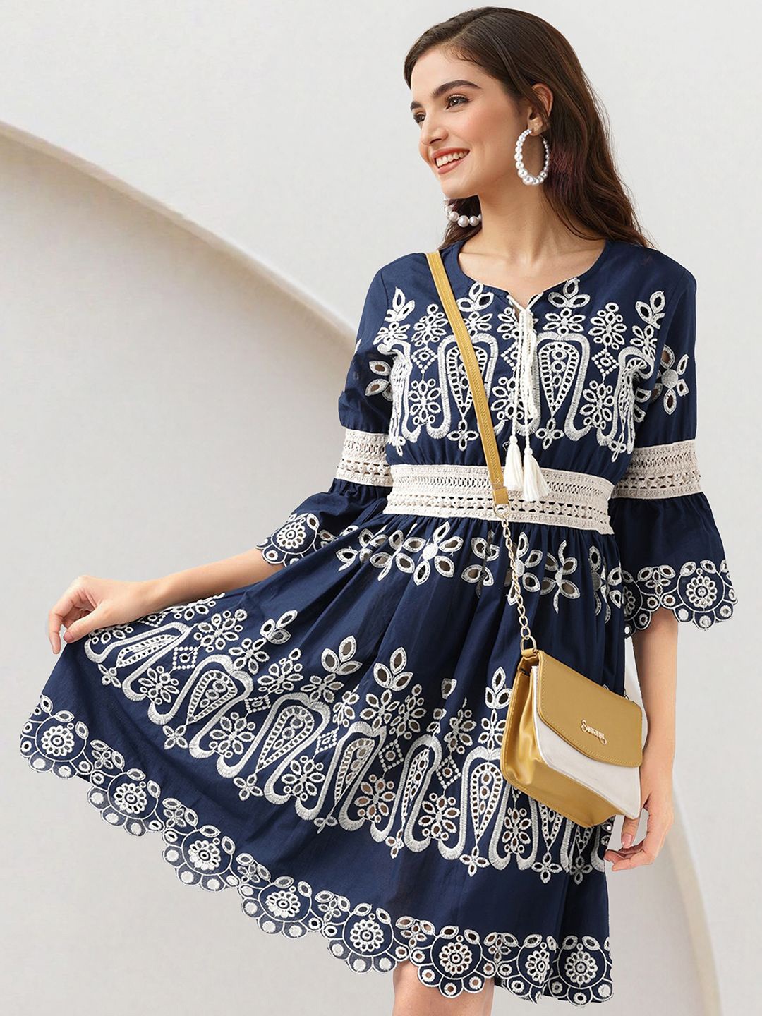 

Ishin Embroidered Schiffli Bell Sleeve Fit & Flare Dress, Navy blue