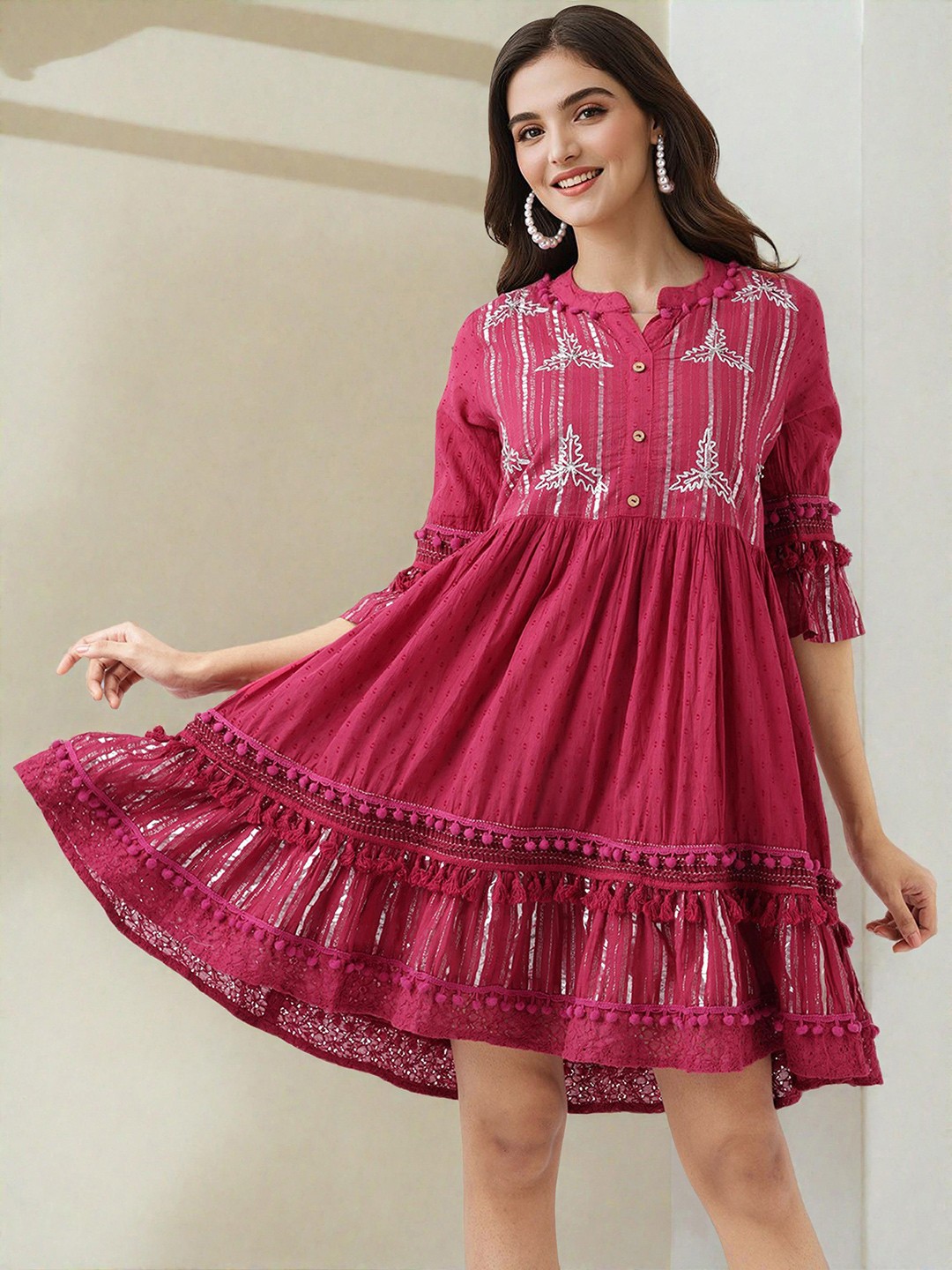 

Ishin Women Embroidered Cotton Fit & Flare Dress, Pink