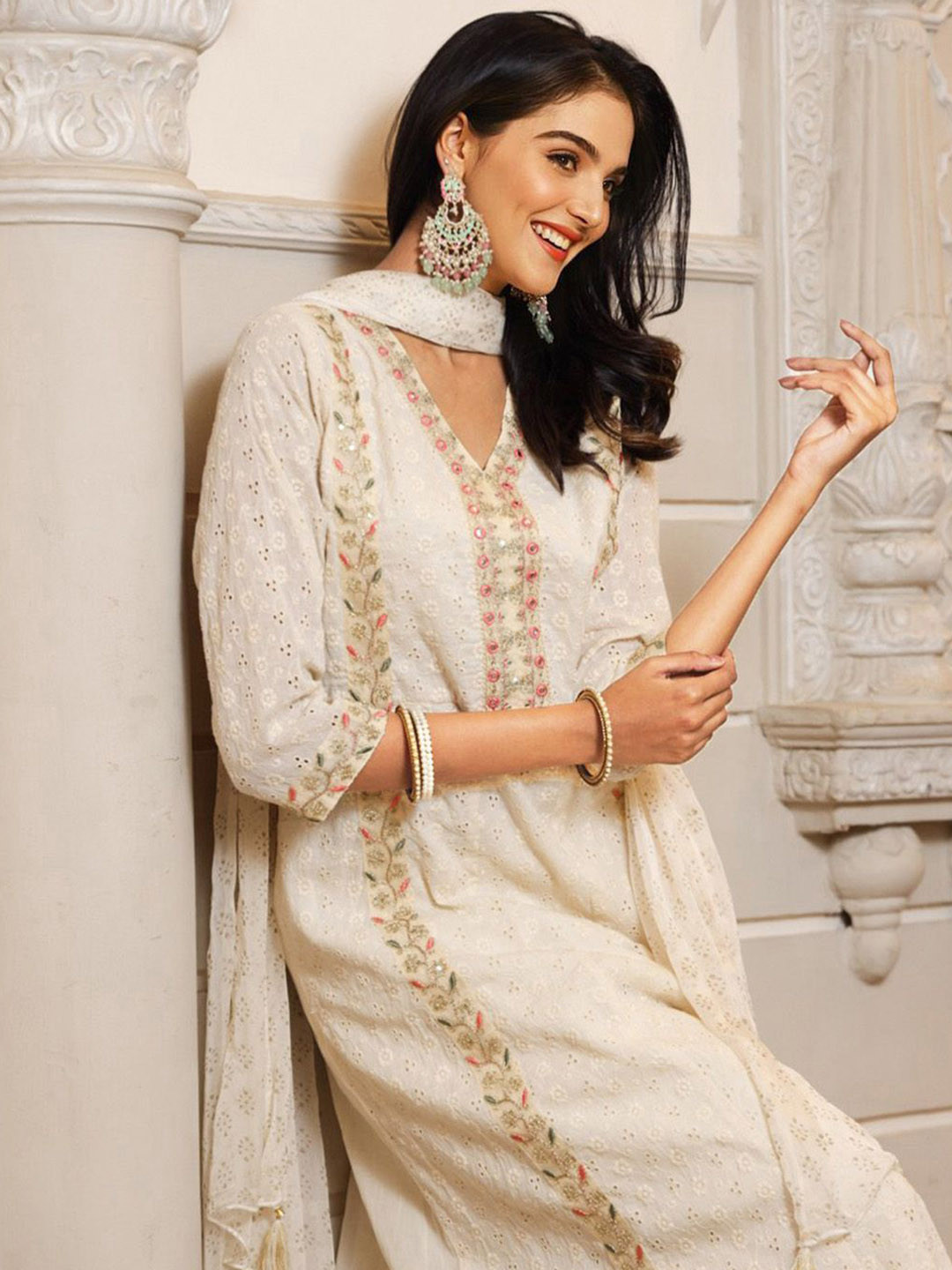 

Ishin Floral Embroidered Pure Cotton Anarkali Kurta With Trouser & Dupatta, Off white