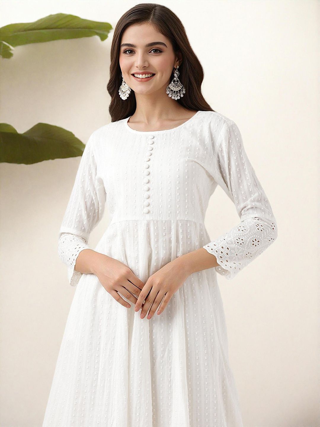 

Ishin Floral Embroidered Pure Cotton Schiffli A-Line Kurta With Palazzos, Off white
