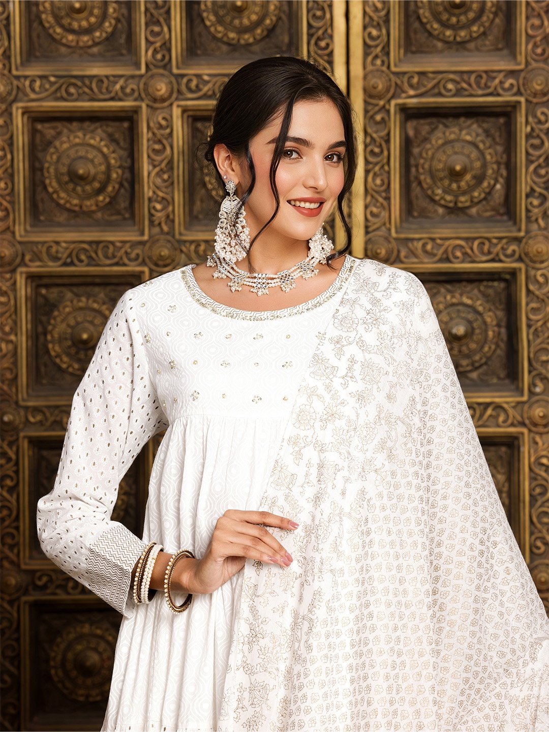 

Ishin Women Embellished Fit & Flare Dress, Off white