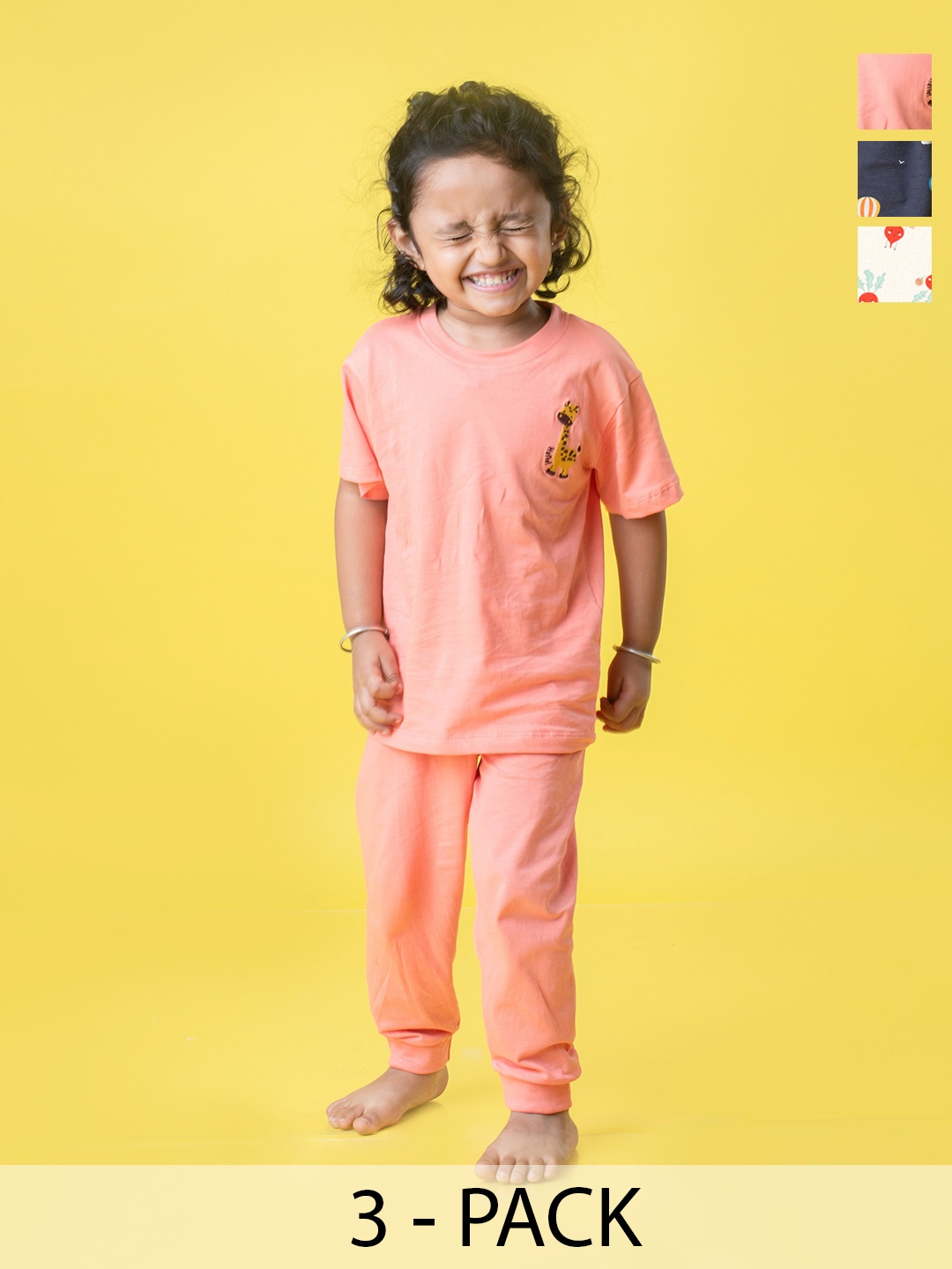 

Orange Sugar Unisex Kids Pack of 3 Printed Pure Cotton T-shirt with Pyjamas, Peach