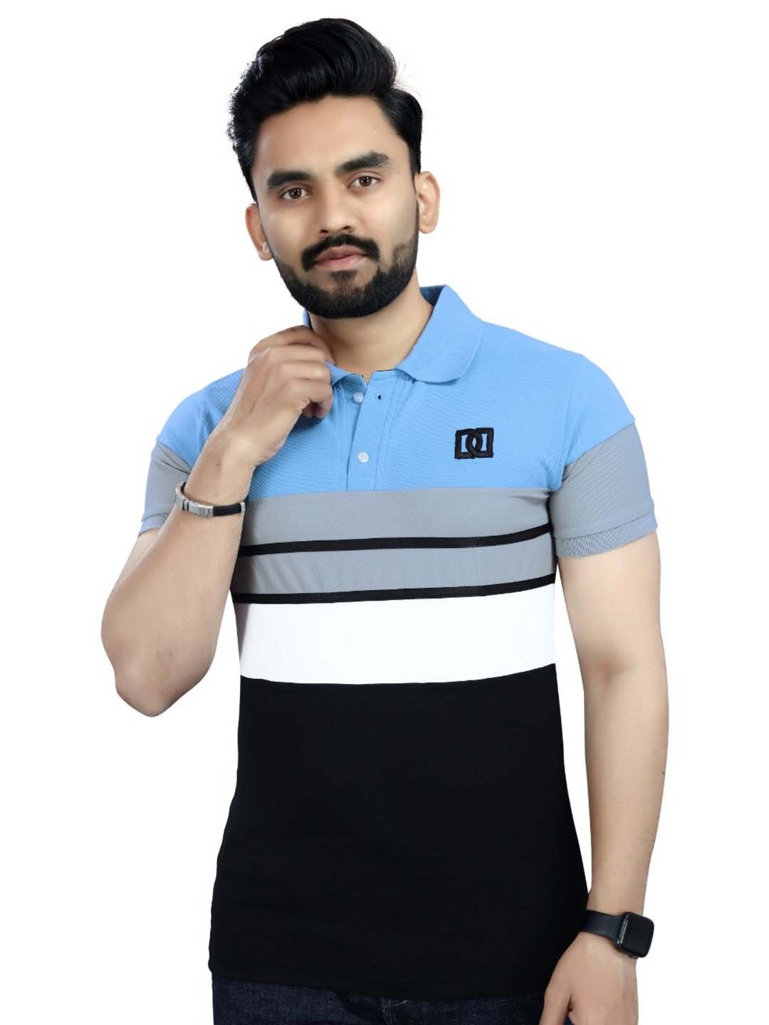 

DYRECTDEALS Men Striped Polo Collar Applique T-shirt, Blue