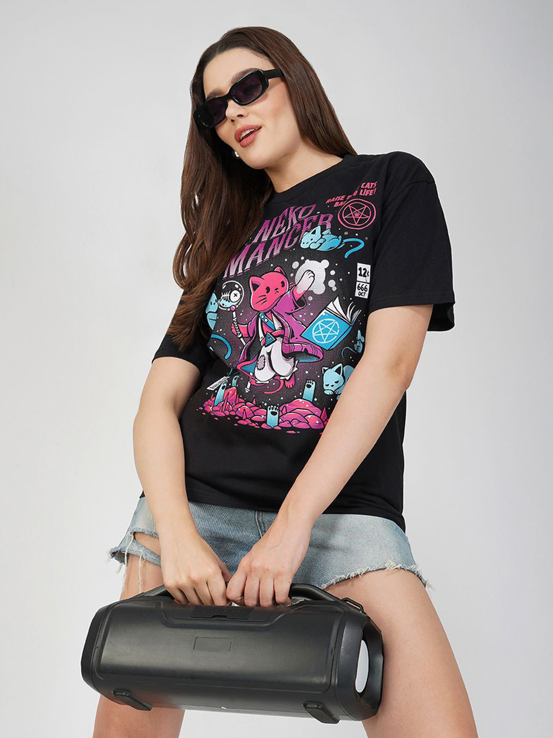 

THREADCURRY Women Printed Applique T-shirt, Black