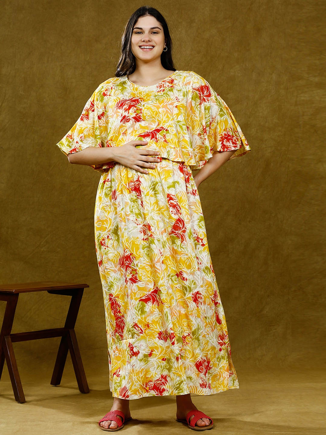 

DUMMY SHAPE Floral Print Cape Sleeve Maternity Maxi Dress, Yellow
