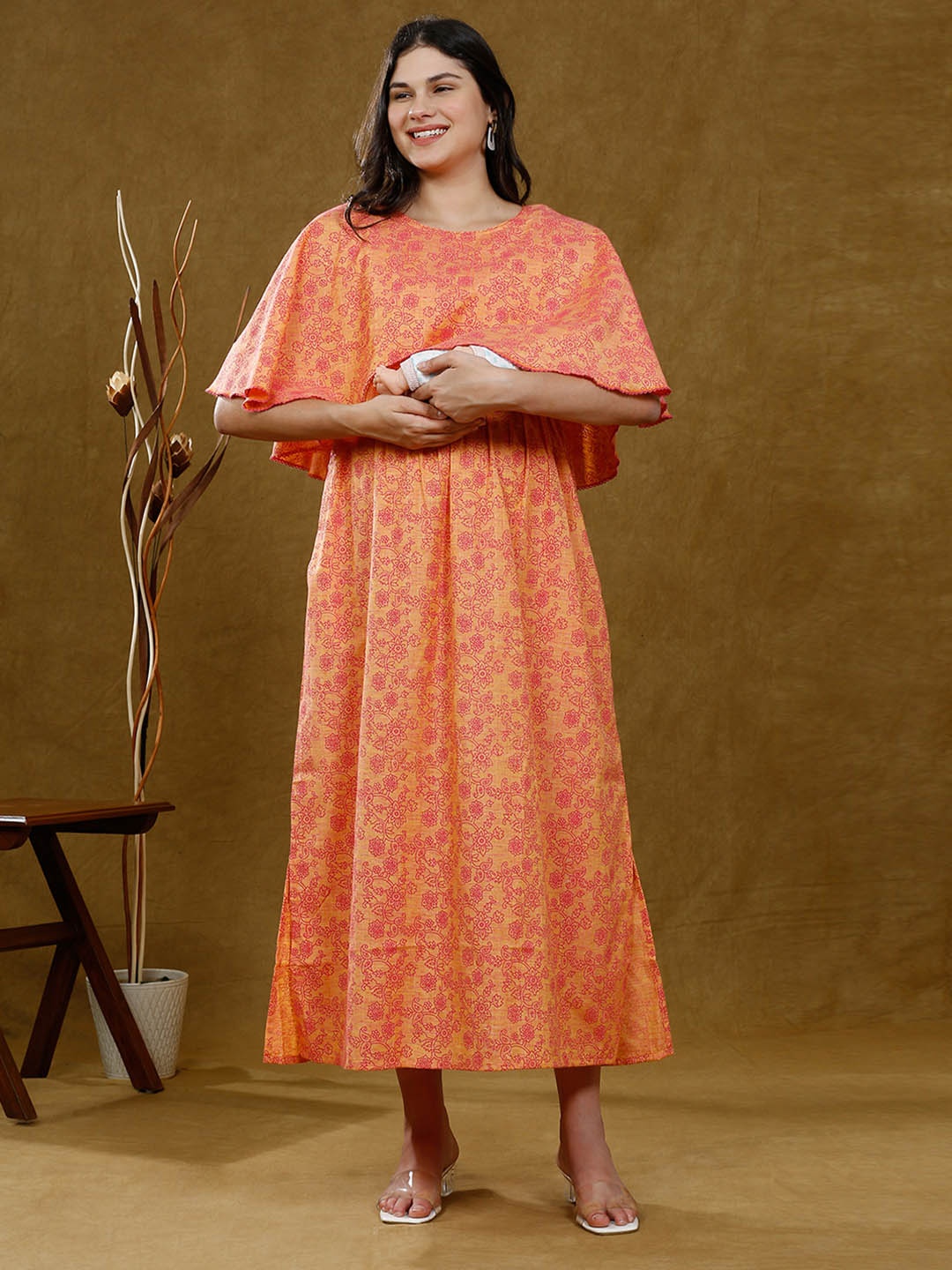 

DUMMY SHAPE Women Ethnic Motifs Printed Maternity Maxi Dress, Orange